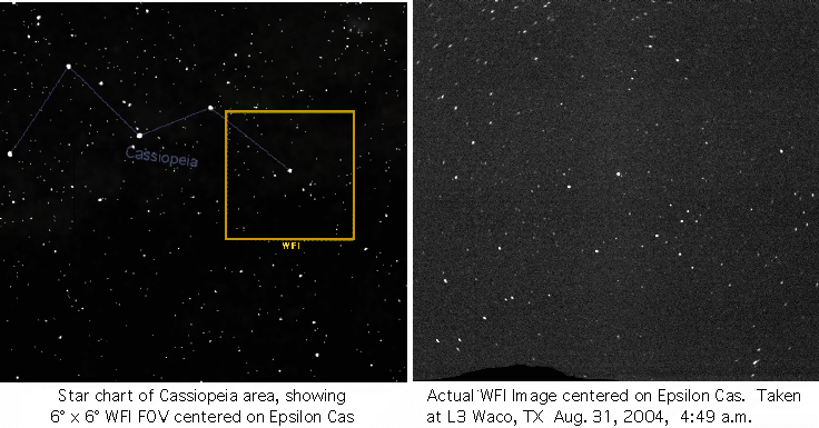 Star chart of Cassiopeia area compared to actual WFI image centered on Epsilon Cas.